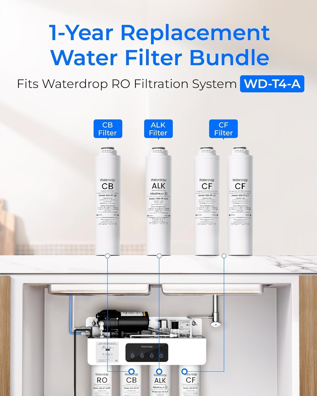 Waterdrop 𝐖𝐃-𝐓𝟒-𝐑𝐂𝐀 Replacement Filter 1-Year Combo, Pack of 2 CF, Pack of 1 CB and 1 Alkaline Filter, Replacement for 𝐖𝐃-𝐓𝟒-𝐀 Reverse Osmosis System (𝟐*𝐂𝐅 + 𝟏*𝐂𝐁 + 𝟏*𝐀𝐋𝐊)