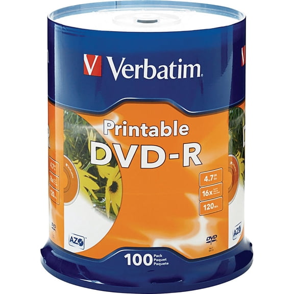 Verbatim DVD-R 4.7GB 16X White Inkjet Printable - 100pk Spindle DVD-R 16X White Inkjet Printable - 4.70 GB - 100pk Spindle
