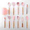 thumbnail image 1 of Juego de 11 utensilios de cocina en color rosa con mango de madera y cubo de almacenamiento, ideal para cocinar de manera segura y organizada., 1 of 6