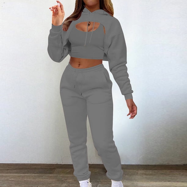 Puntoco Mujer Color Sólido Sling Chaleco Sudadera Cintura Alta Paquete Cadera Recta con Bolsillo Pantalones Traje De Tres Piezas Puntoco Puntoco-129