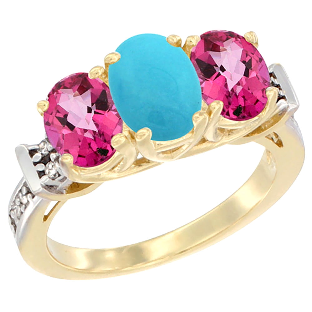 14K Yellow Gold Natural Turquoise & Pink Topaz Sides Ring 3-Stone Oval Diamond Accent, sizes 5 10 by WorldJewels