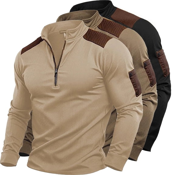Kalauyu Mens Waffle Knit Half Zip Stand Collar Long Sleeve Shirts Contrast Shoulder Casual Golf Daily Outdoor Tops