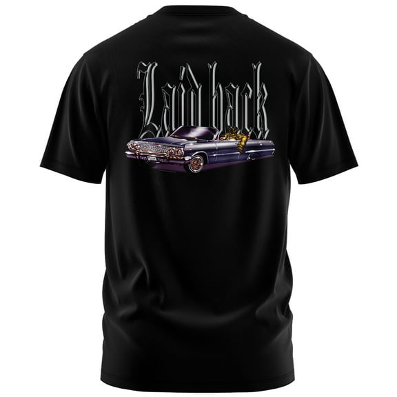 Rollin Hard Men's Laidback Lowrider black heavyweight classic boxy fit front and back print graphic tee shirt
