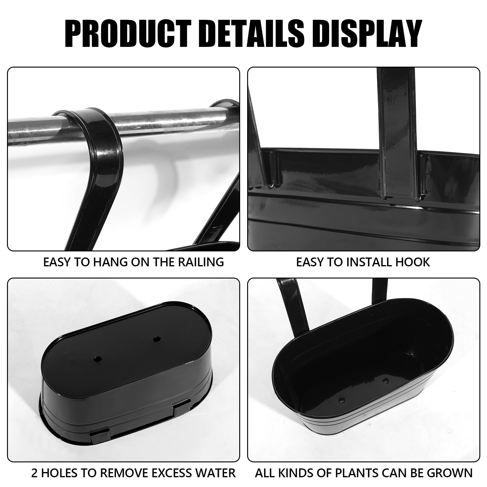 Flower Pots Metal Iron Hanging Flower Pots Garden Pots Balcony Planters Metal Bucket Flower Holder Wall Hanging Decorative Pot - Removable Hook (4 Pieces) (Black)