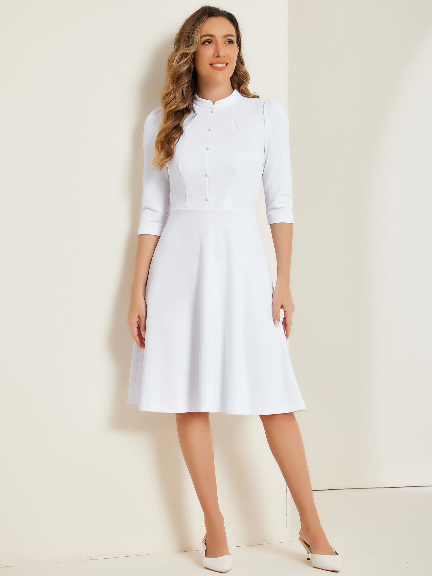 DARING DIVA Women's Sheath 3/4 Sleeves Stand Collar A-Line Dress M White