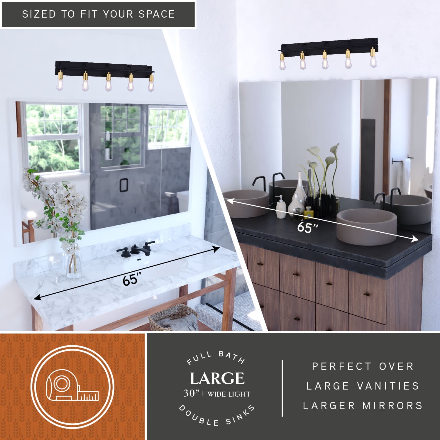 Seward Park 5 Light Black and Satin Gold Brass Industrial Bathroom Vanity Fixture with Full Backplate