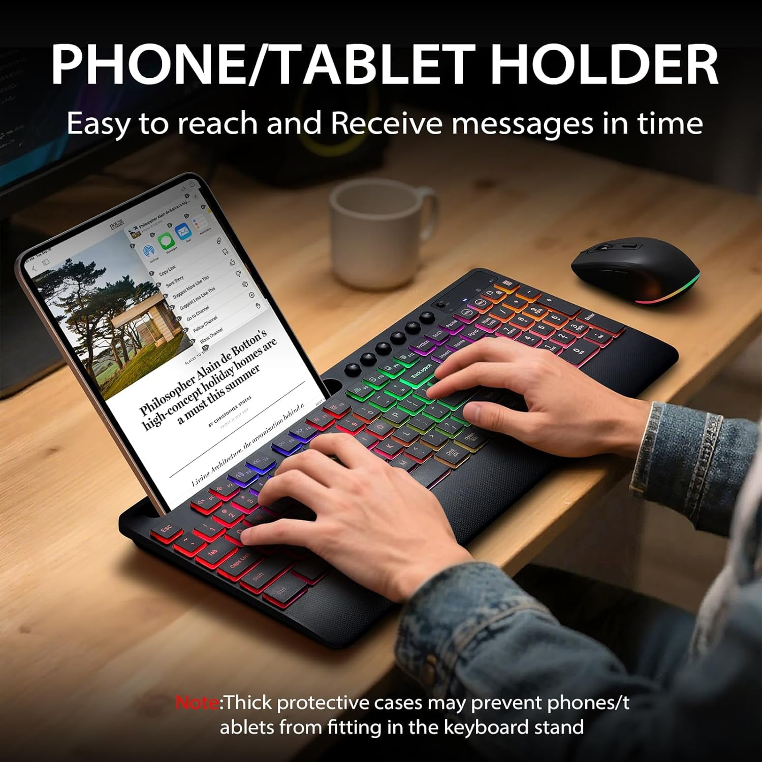 Wireless Keyboard and Mouse Combo 2.4G Full Size Silent/Quiet RGB Backlit Light Up Computer Keyboard & Mouse Combos Set with Phone Holder for Windows Mac PC Laptop
