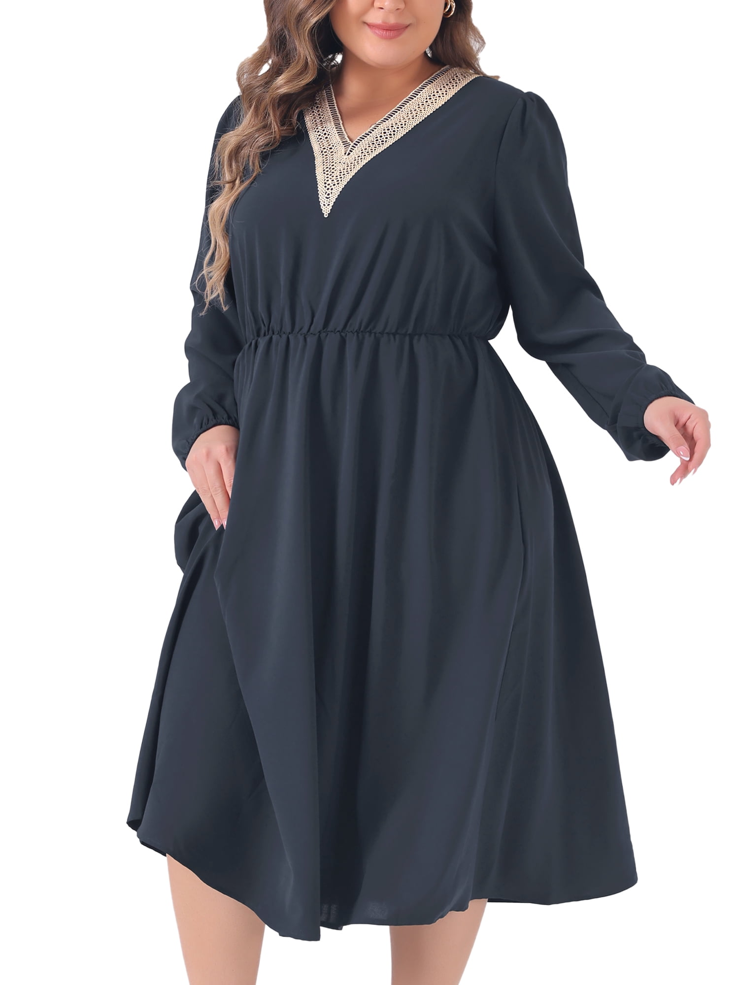 DARING DIVA Plus Size V Neck Long Sleeve Casual Midi Style Dress 3X Dark Blue