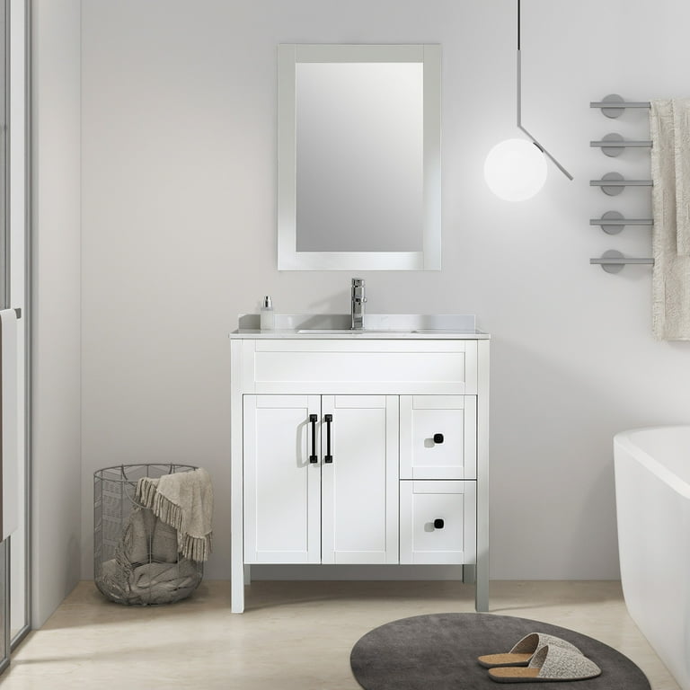 Wonline 32 inch Bathroom Vanity White Ceramic Sink Base Top Free Standing Cabinet in White