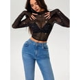 thumbnail image 6 of Women Rhinestone Sparkly Long Sleeve Sheer Crop Top See Through Shirt Glitter Going Out Tops Black L, 6 of 9