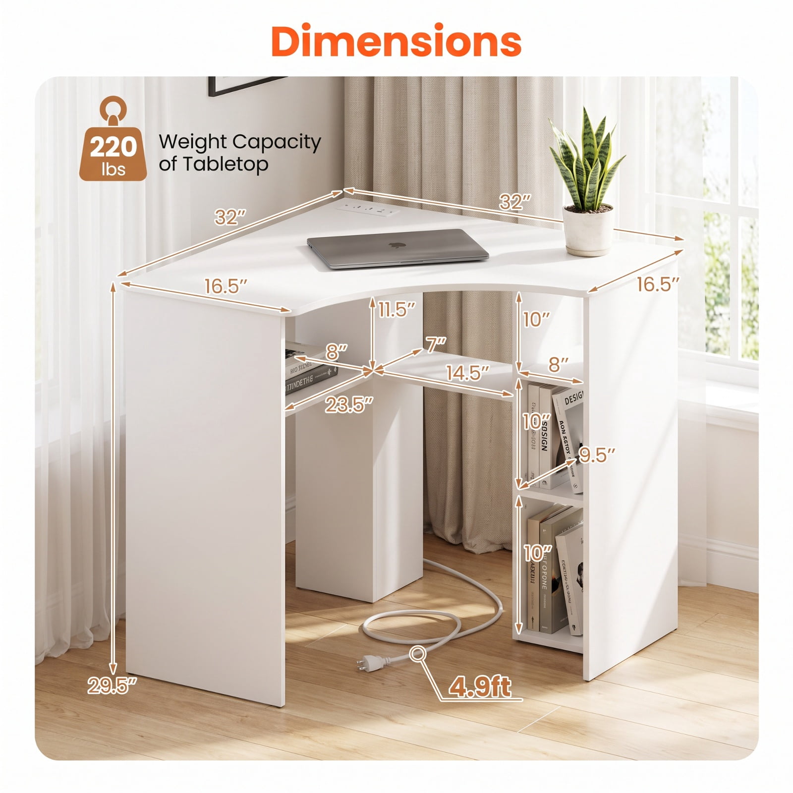 Furnibear Corner Computer Desk with Adjustable Shelf and Arc-Shaped Profile Triangle Home Office Desk with Open Shelves for Study, White