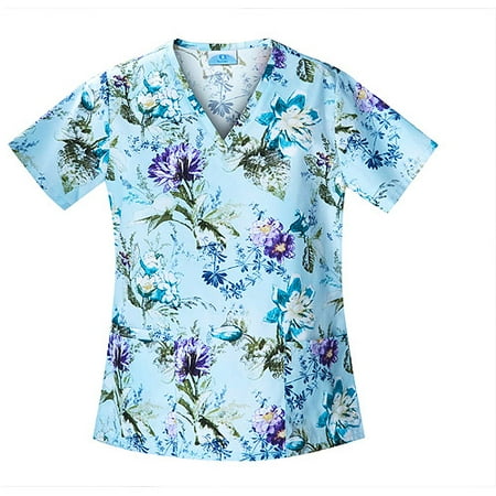 Shaped V-Neck Floral Vignette Print Scrub Top