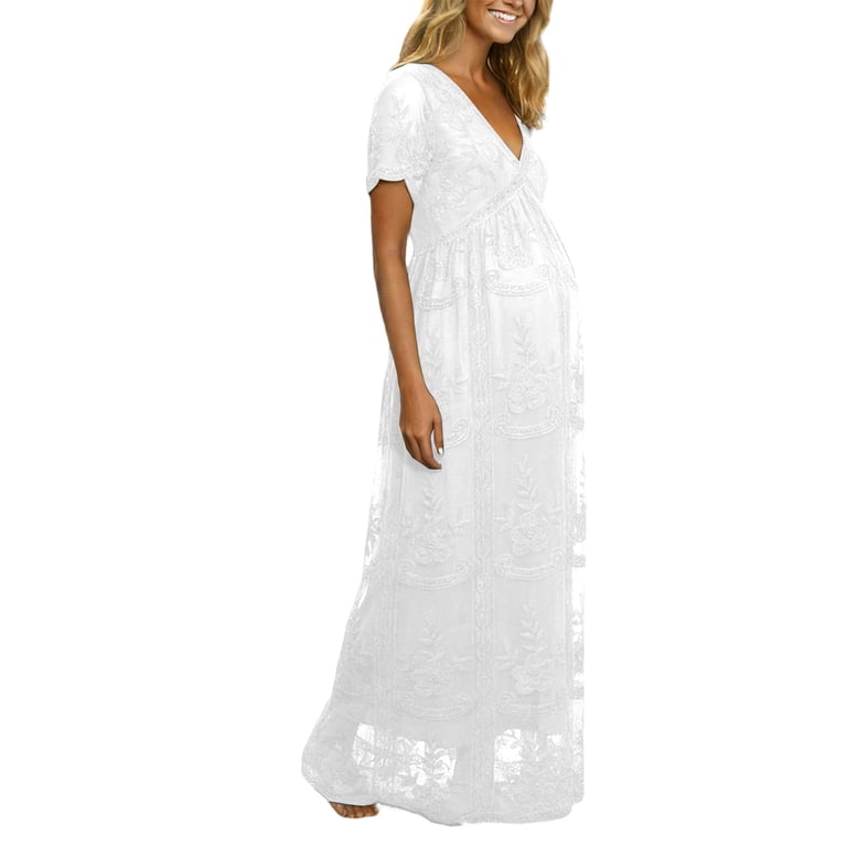 Conairie Maternity Dress for Baby Shower Photoshoot Pregnancy Summer Midi Dress Casual Flutter Short Sleeve Lace V Neck Wedding Dress White M