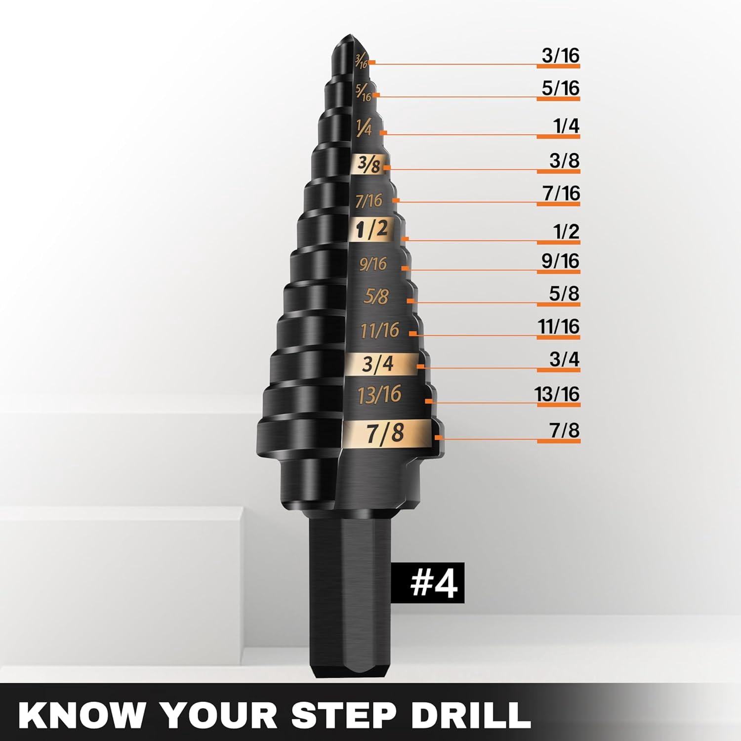 FRKSMD-#4 HSS Step Drill Bit Set 3/16-7/8" with 3/8 Shank - Black Oxide Finish for Metal, Wood, Plastic Drilling - Durable, Precision Multi-Sized Bits with 3-Flat Shank 575050