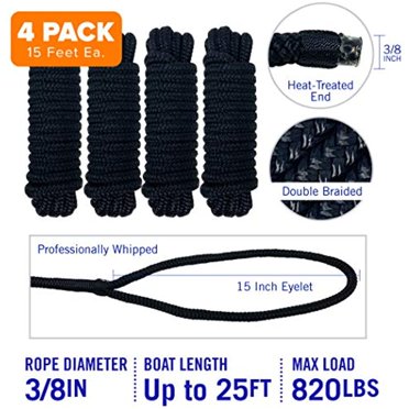 Marine Dock Lines For Boats - Double Braided Mooring Ropes With Loops, Salt & UV Resistant (4-Pack)