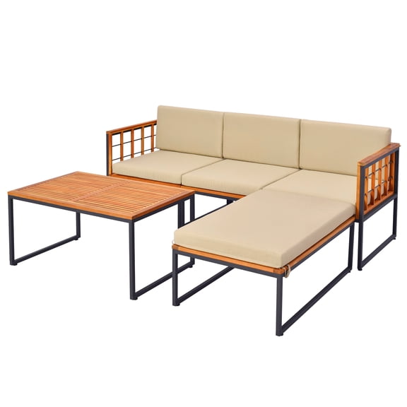 Gymax 5PCS Furniture Set Acacia Wood Sectional Set with Seat & Back Cushions Patio