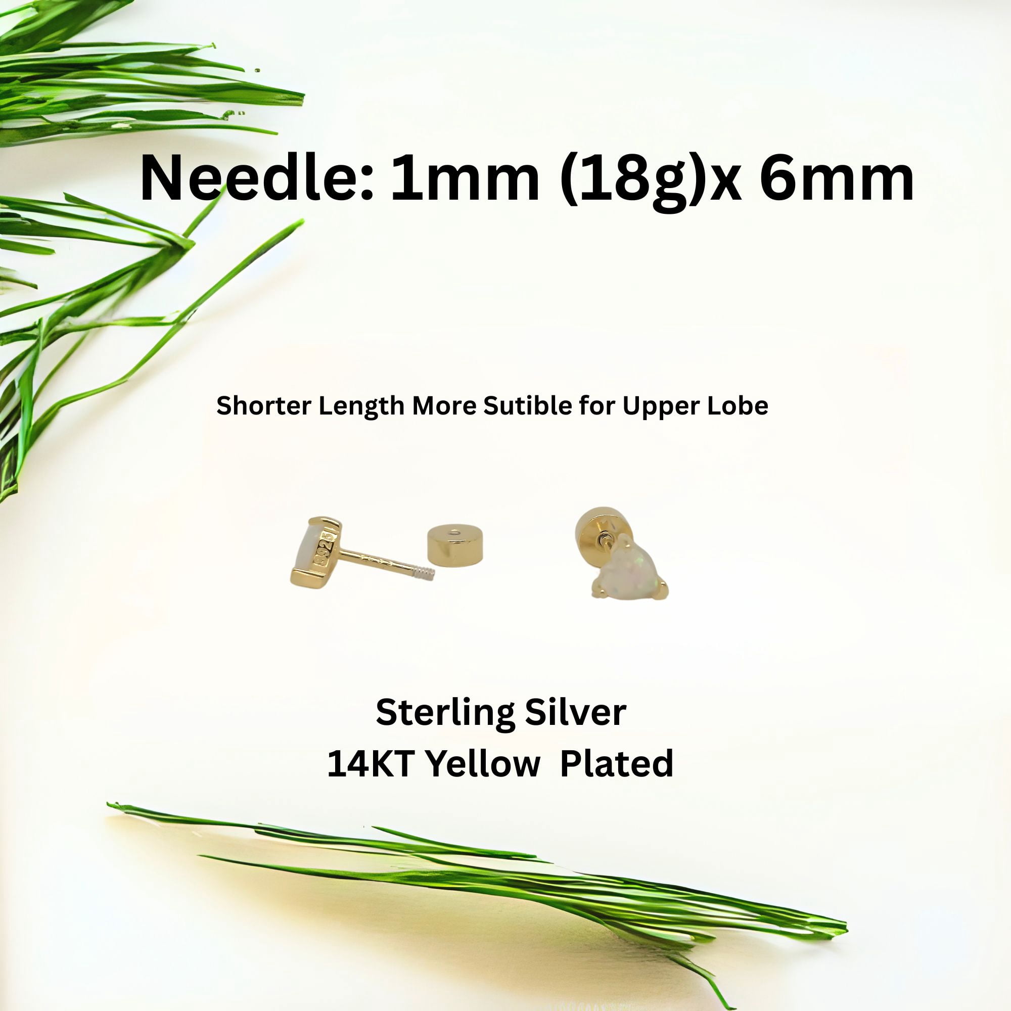 Heart Flat Back Opal Earrings for Cartilage Helix Tragus Lobe16g Gold over Sterling Silver Studs Pair by Ginger Lyne