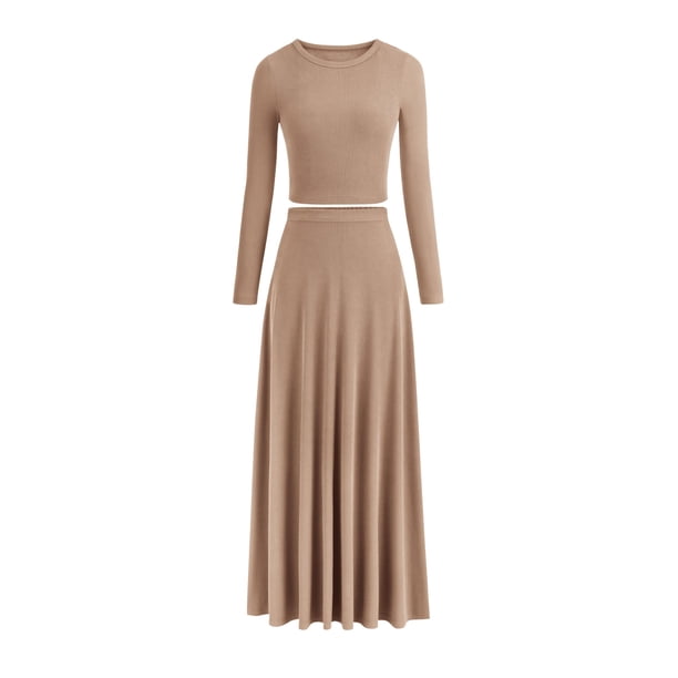 Conjunto de Vestido PRETTYGARDEN de Punto Acanalado con Top Corto y Falda Maxi Talla L