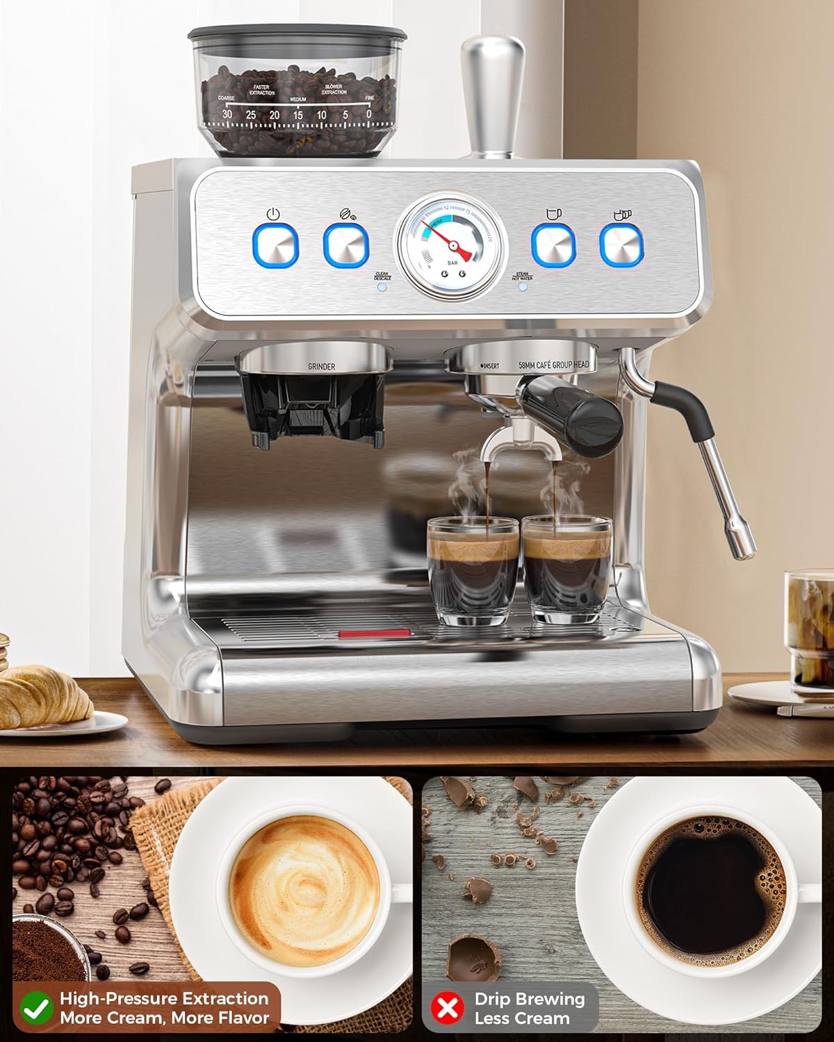 WAA 20 Bar Espresso Machine Semi-Auto with Grinder/Milk Frother,1450W Home Maker,95 Oz Tank (Stainless Steel)