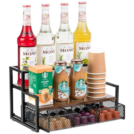 Wetheny Coffee Syrup Organizer for Coffee Bar, 3-Tier Coffee Station Organizer with K Cup Storage Basket for Countertop, Coffee Pod Organizer Coffee Accessories and Organizer