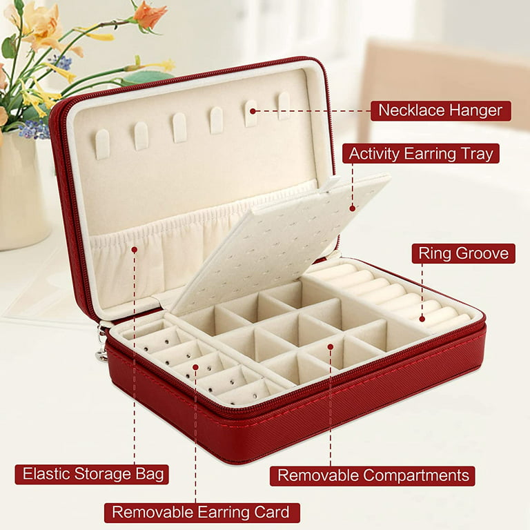 Small Jewelry Box - Travel Jewelry Case PU Leather Jewelry Organizer  Storage Holder for Necklace Earring Rings, Gifts for Girls Women(Wine Red)  