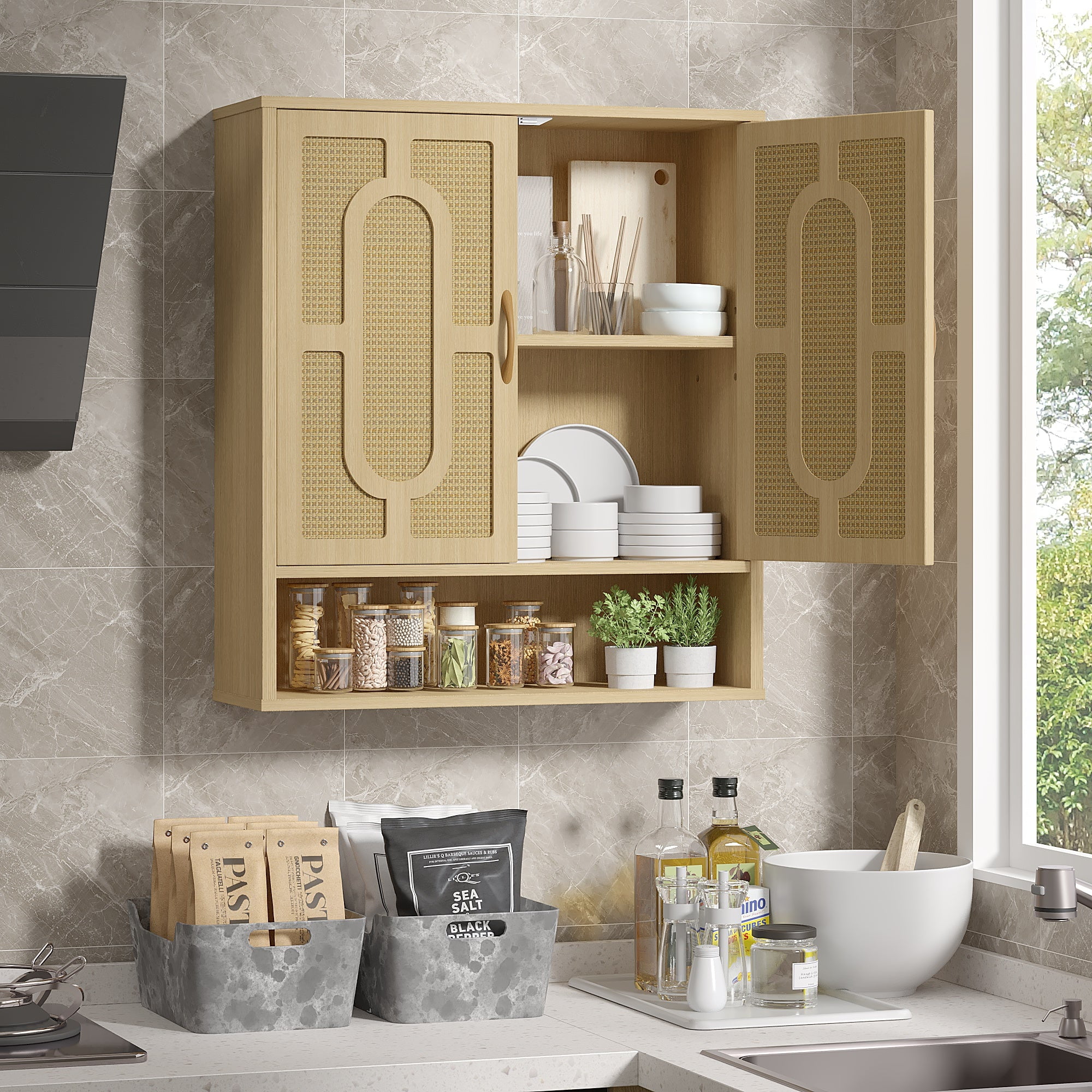 VECELO Wall Storage Cabinet, Medicine Cabinet with Adjustable Wood Shelf & Double Doors, Over The Toilet Storage Cabinet for Bathroom, Kitchen, Natural
