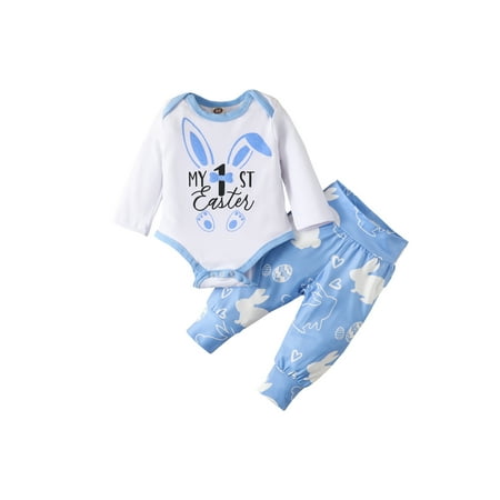 

ZIYIXIN Newborn Toddler Baby Boy Girl First Easter Clothes Long Sleeve Romper Tops and Rabbit Print Pants Outfits Blue 12-18 Months