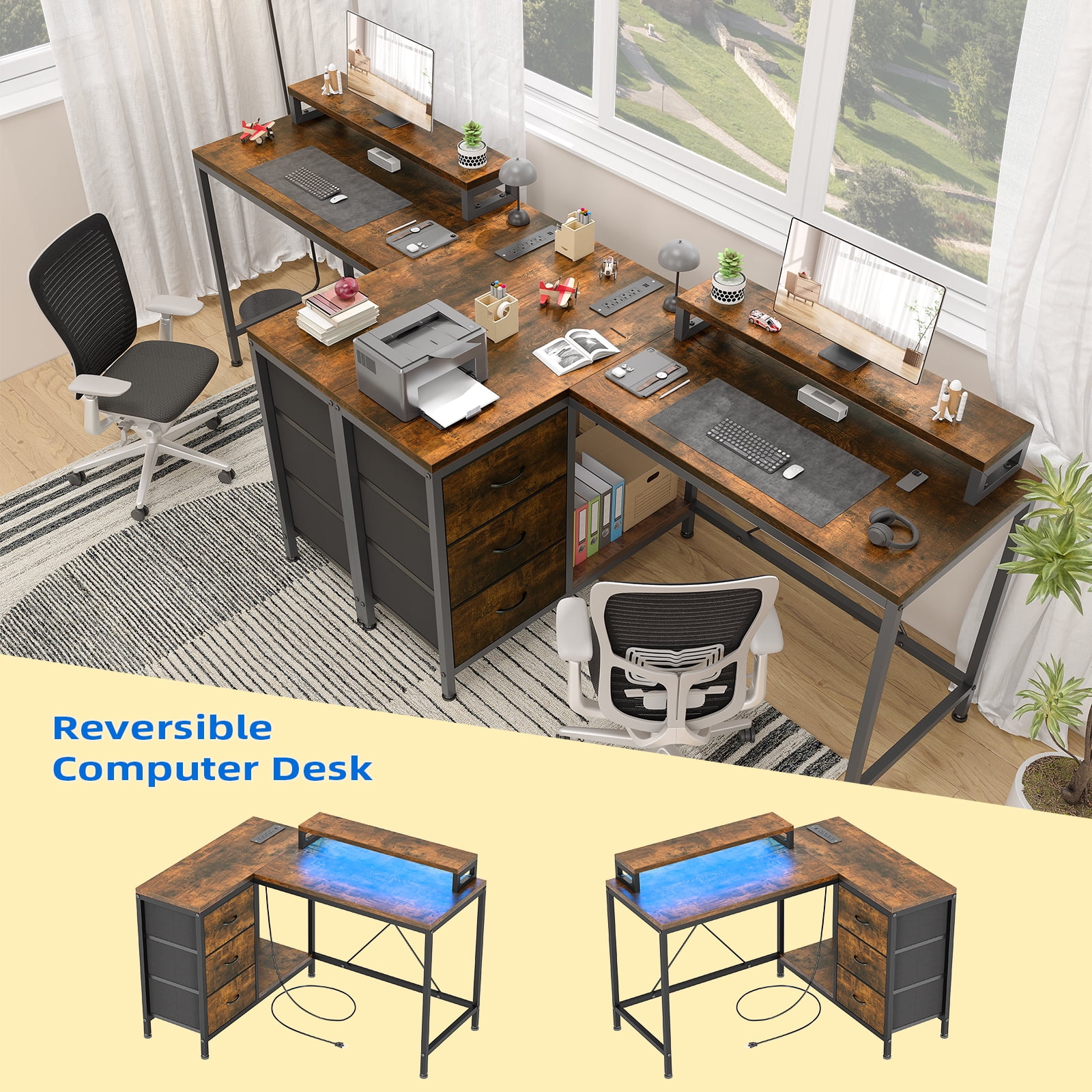Danolapsi L Shaped Desk with Drawers & Shelves,L Shaped Computer Desk with Power Outlets & LED Lights,Corner Desk Gaming Desk Home Office Corner Desk,Easy to Assemble