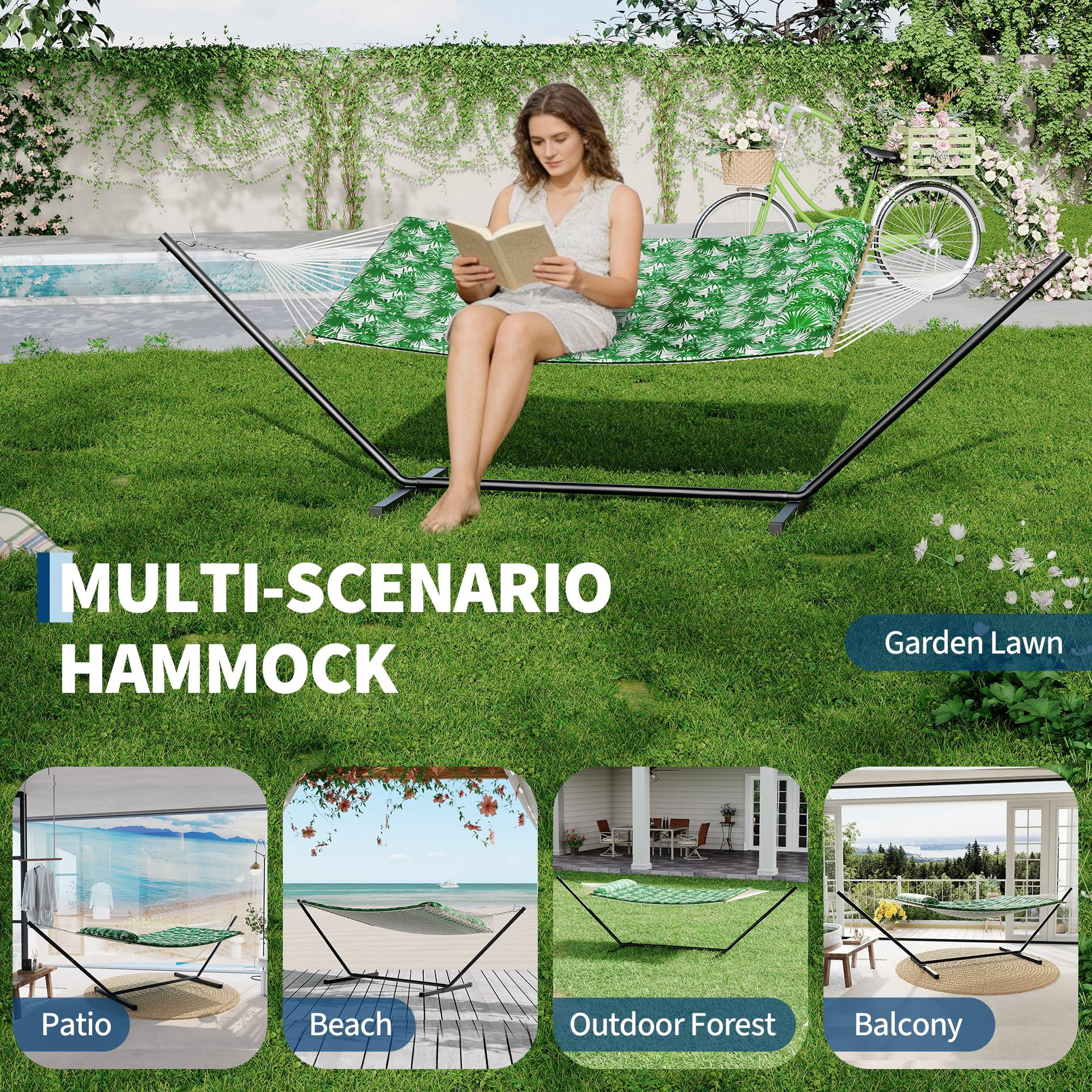 450 Lbs Capacity 2-Person Double Hammock with Stand - Portable Breathable Cotton Rope Hammock with Reversible Quilted Pad & Pillow for Patio, Garden & Camping