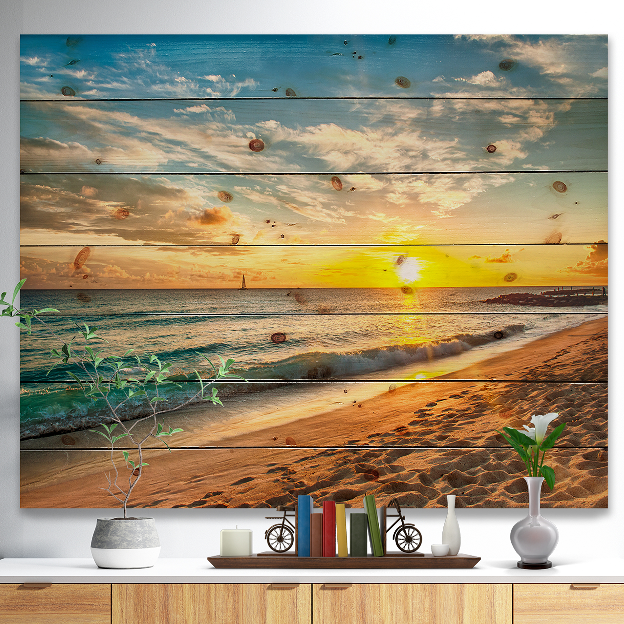 Designart 'White Beach in Island of Barbados' Modern Seascape Print on Natural Pine Wood
