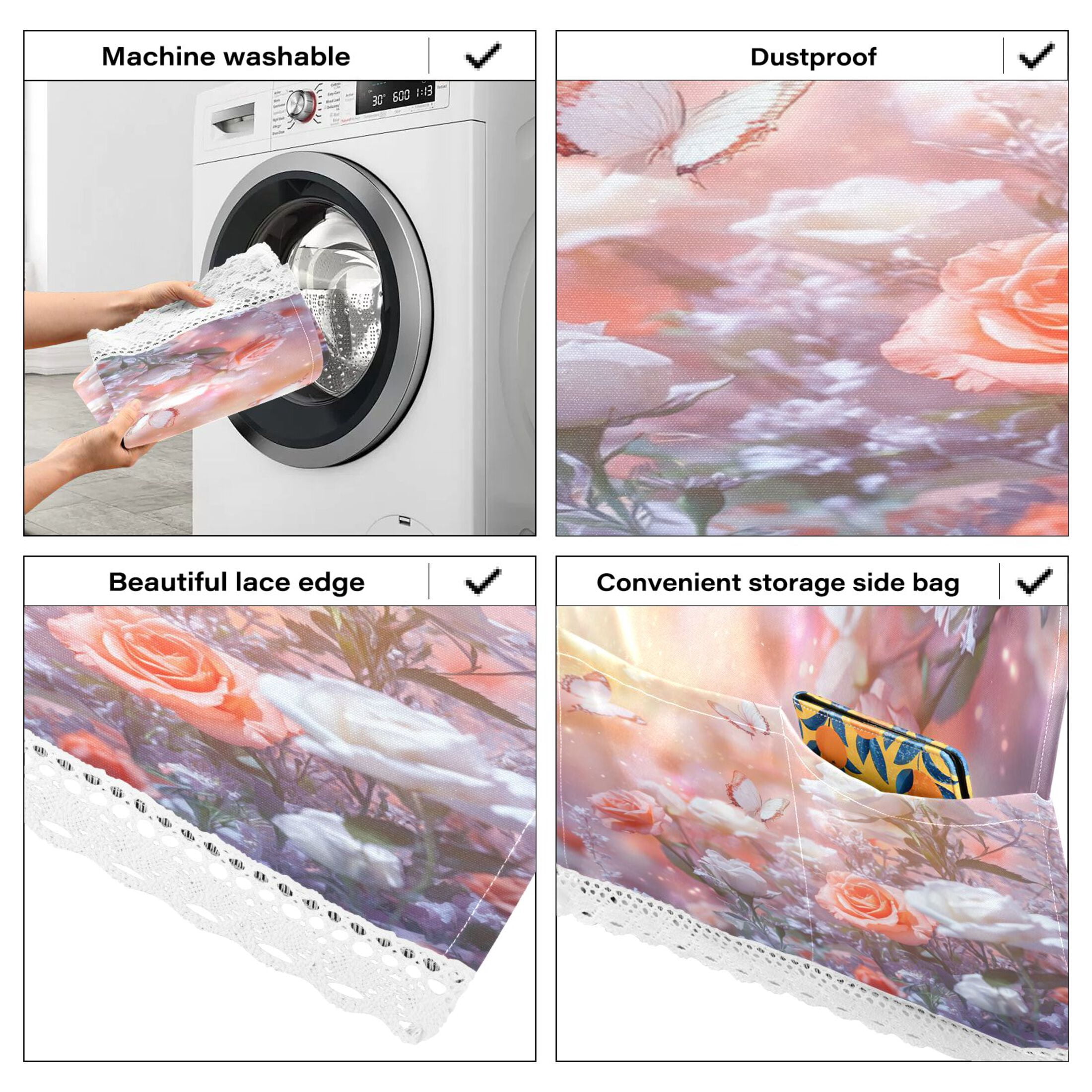 Washing Machine Cover 51.2x22in, Durable Polyester Dust Cover with Lace Trim and Side Pocket for Appliances Butterfly Gardens