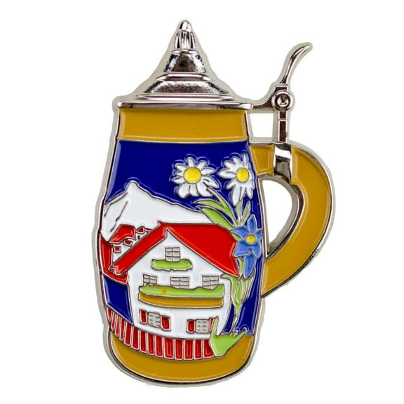 Oktoberfest Haus Metal Enamel Alpine Village Beer Stein Themed German Hat Pin with a Butterfly Clasp