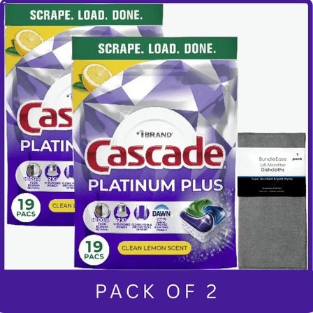 Cascade Platinum Plus Lemon Dishwasher Detergent Pods, 19 ct with Microfiber Solid Color Towel by BundleEase