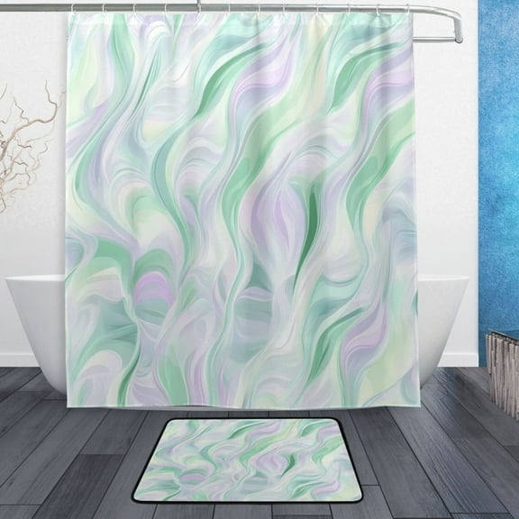 Bath Curtain & Non-Slip Bath Mat Set 12-Grommet Shower Curtain Memory Foam Bath Rug Light Green Ripple