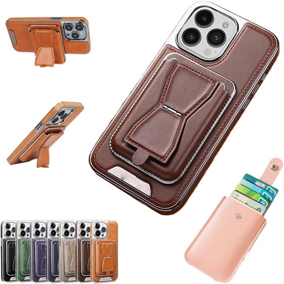 Symmetry Luxury Leather for iPhone Case with Removable Magnetic Tape, Leather Card Holder Phone Case, Phone Case with Card Holder (Brown,12ProMax)