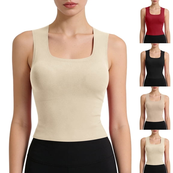 Hilenly Built in Bra Tank Tops for Women Seamless Square Neck Tank Top Basic Cami Undershirts