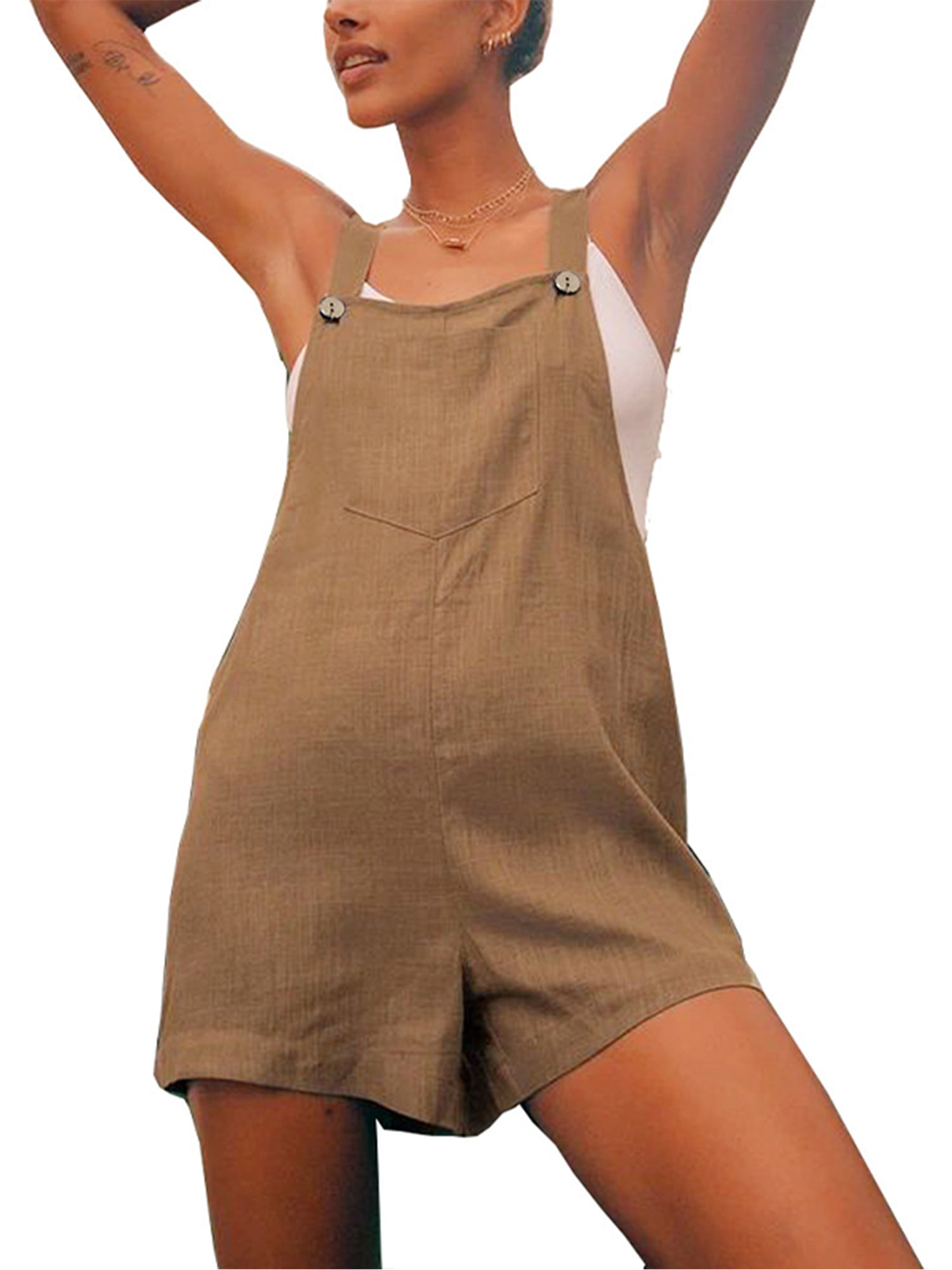 S, Khaki Wawer Women Summer Jumpsuits Causal Elastic Waist Dungarees Linen Rompers Playsuit with Pockets,Holiday Ladies Girls Solid Loose Shorts Pants Clubwear Jumpsuits 