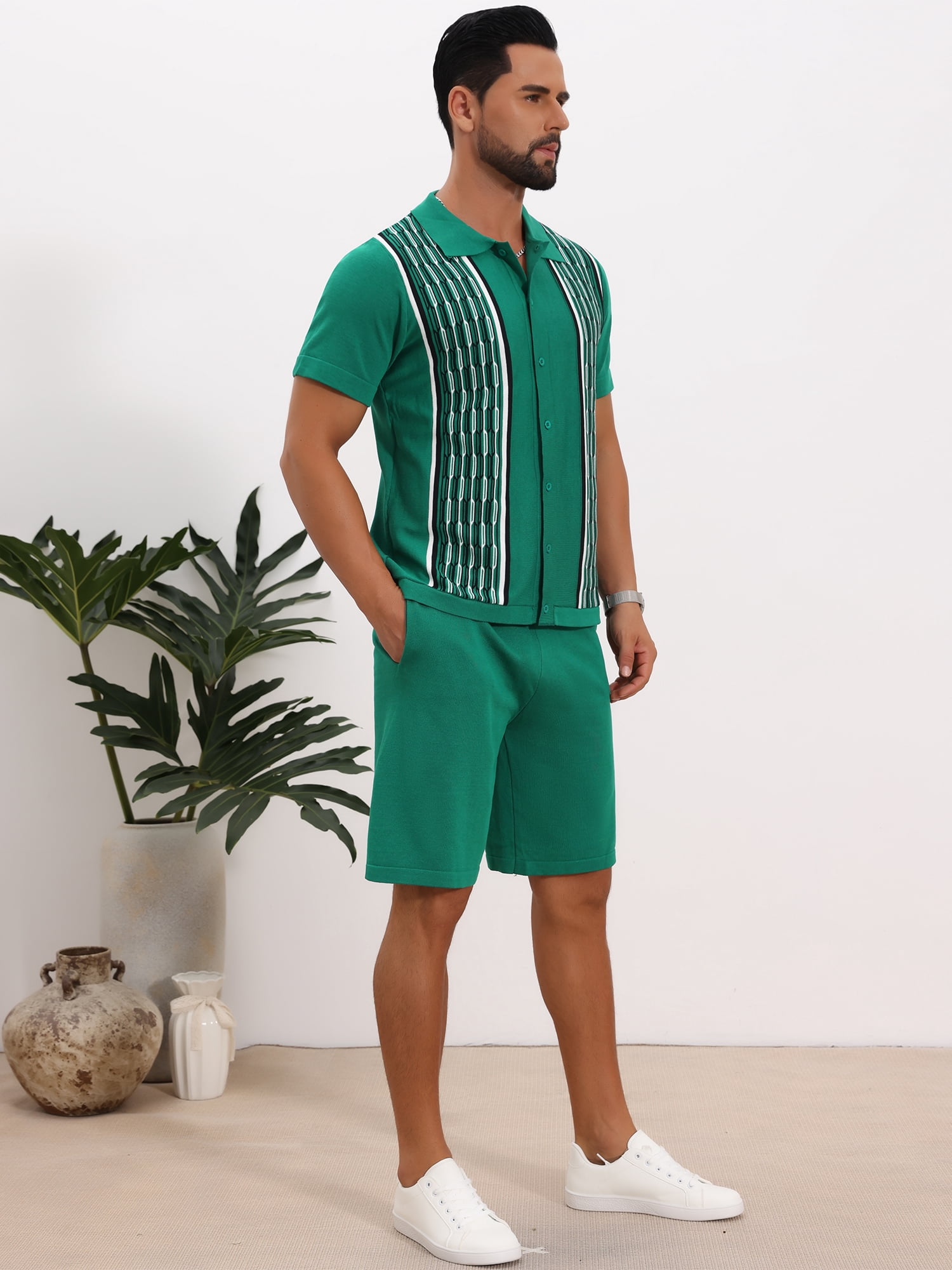 DARING DIVA Men's 2 Pieces Sets Summer Polo Shirt & Shorts Printed Knit Outfits 2XL Green