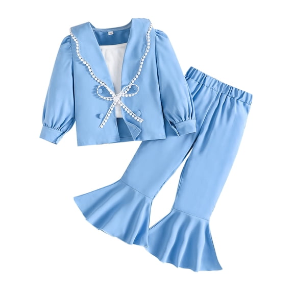 NAFUU Little Girls Clothes Set Stylish Toddler Girl 3 Piece Outfits Long Sleeve Blazer Jacket With Cami Top And Flared Pants Set Kids Formal Wear 2-3 Years