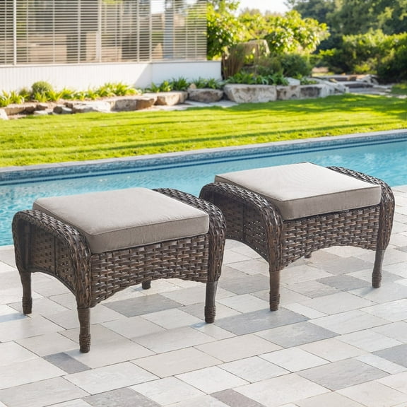 Gymojoy 2 Piece Outdoor Patio Ottomans, Al Weather Wicker Footstool Footrest For Backyard, Porch Balcony,Beige
