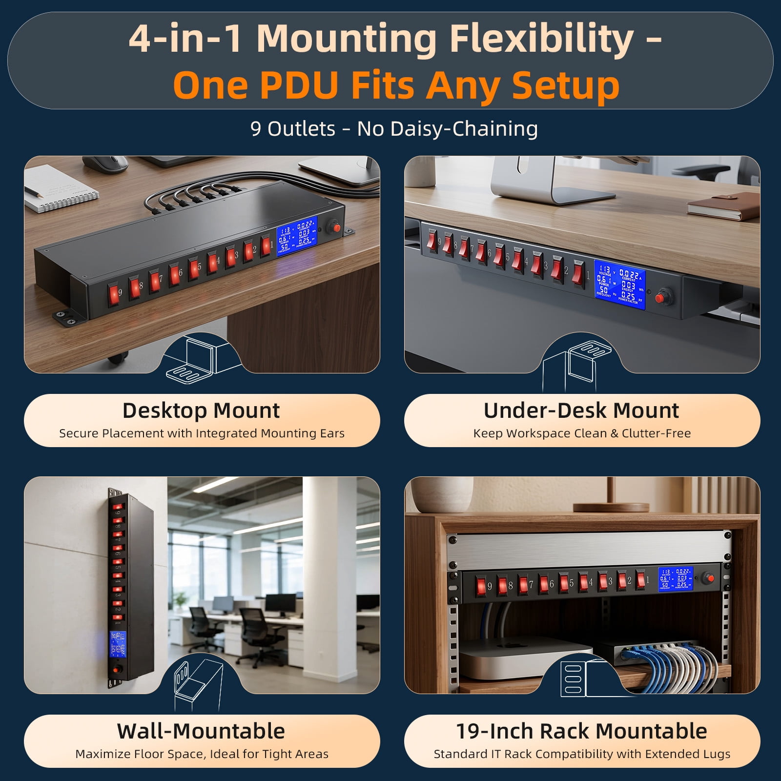 ZHANGONG Rack Mount Power Strip with Individual Switches, 9-Outlet 1U PDU with Digital Display, 15A 1875W Overload Protection, 6.5FT Cord for Server Rack Network