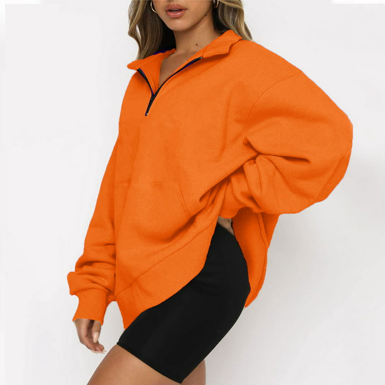LWZWM Trendy Fall Clothes for Women 2022 Tiktok Fashion Clothes Zipper  Turn-down Collar Long Sleeve Sweatshirt Pocket Orange XL