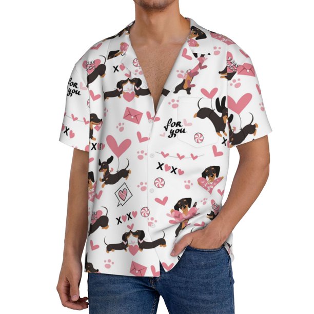 Balery Dachshund Dog Puppy Camisa Casual de Manga Corta con Botones para Hombre, Texturizada, Estilo Cubano, para Playa, Verano-X-Large