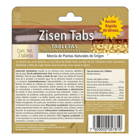Tabletas vigorizantes The Sensual Tea Zisen Tabs para hombre y mujer 2 tabletas