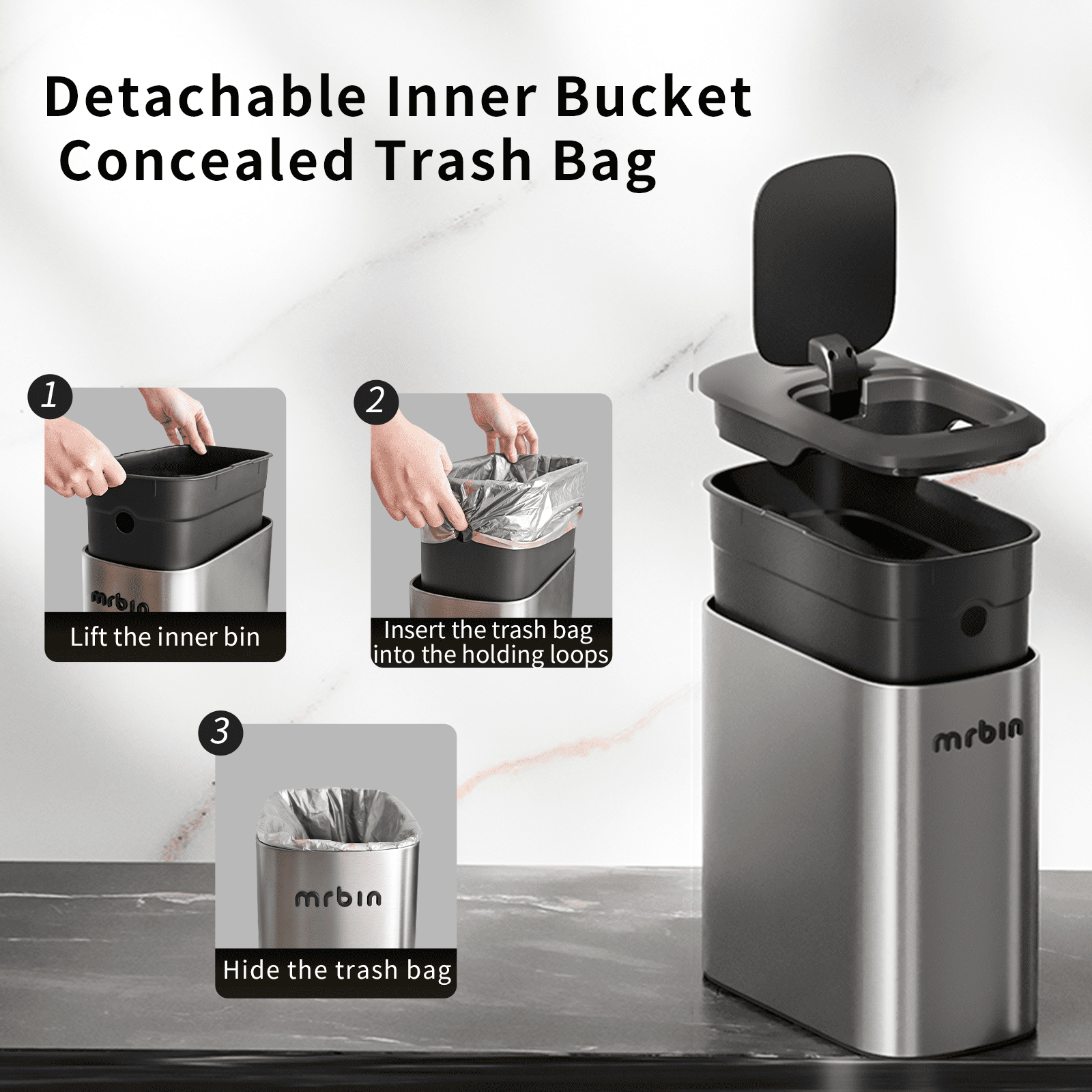 MRBIN Stainless Steel Motion Sensor Trash Can Bathroom, 10L / 2.6gal Slim Garbage Can with Lid Smart Trash Bin, Automatic Garbage Bin Touchless for Restroom, Vanity, Rv, Eclipse Grey