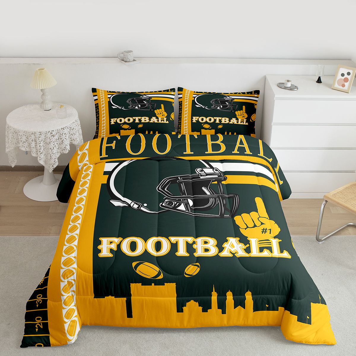 Erosebridal Football Bedding Set Full Size Green Bay Comforter Set Rugby Sports Gifts for Football Fans Women Men Football City Comforter American Football Duvet Set Bedroom Decor
