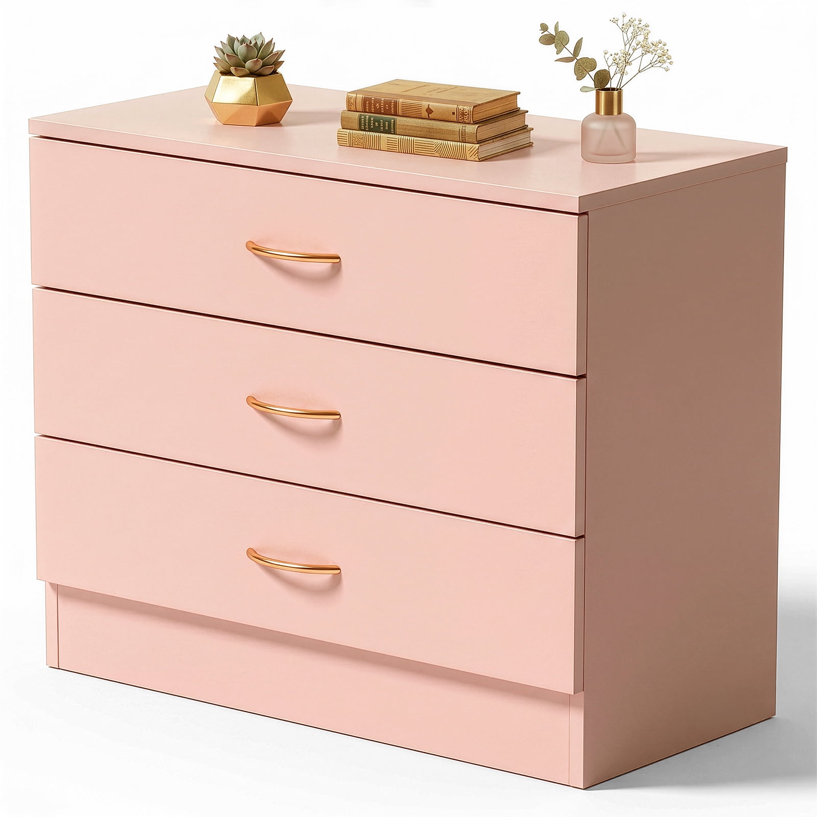 3-Drawer Chest with Faux Rose Gold Handles Drawer Dresser 25.98*12.99*22.05in Pink
