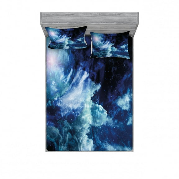 Ambesonne Space Fitted Sheet & Pillow Sham Set, Universe Spiral Galaxy, Full, Dark Blue