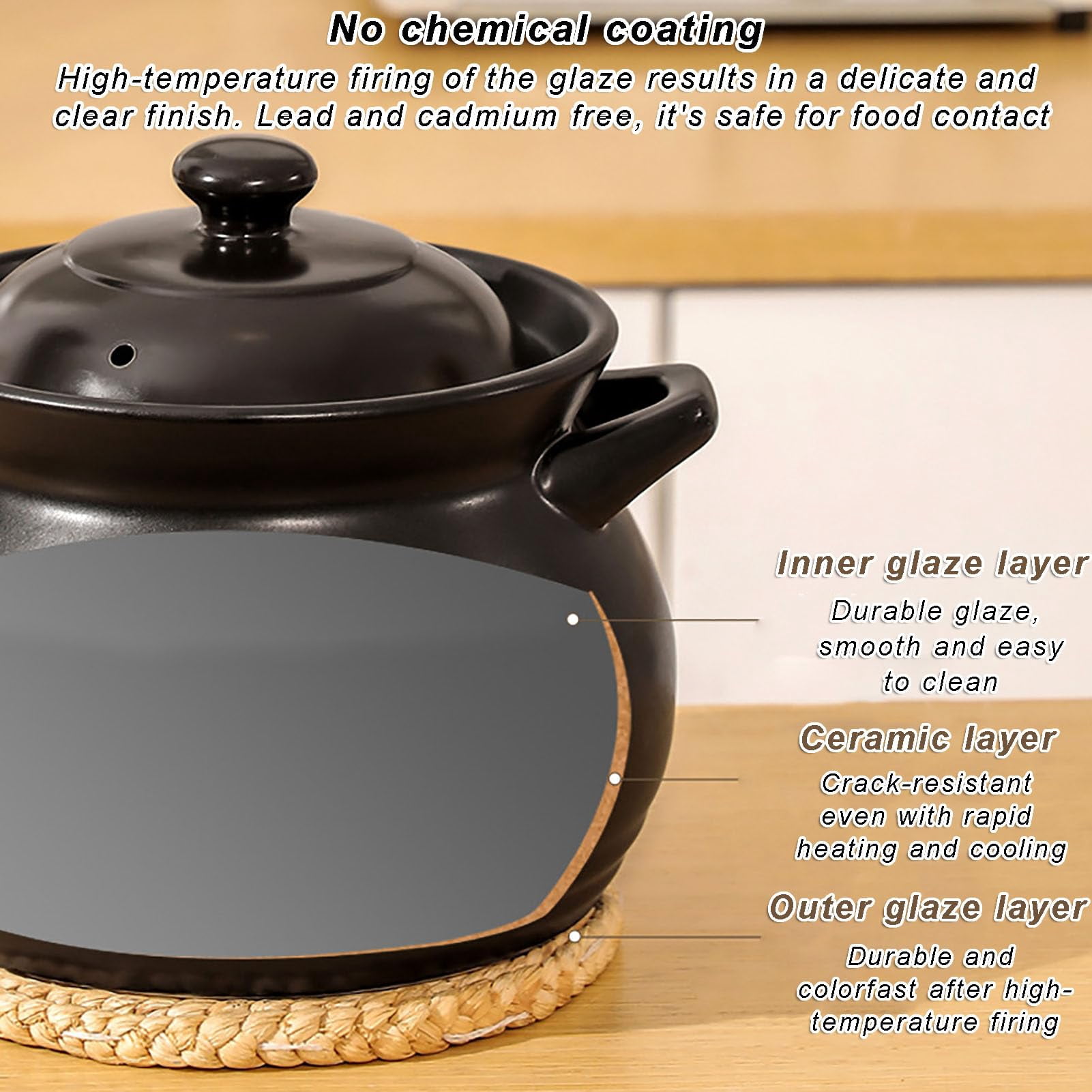 Large Cauldron Crock Pot, Glazed Ceramic Cooking Pot with Lid for Stovetop Soup, Stew and Porridge, Even Heating, Easy to Clean