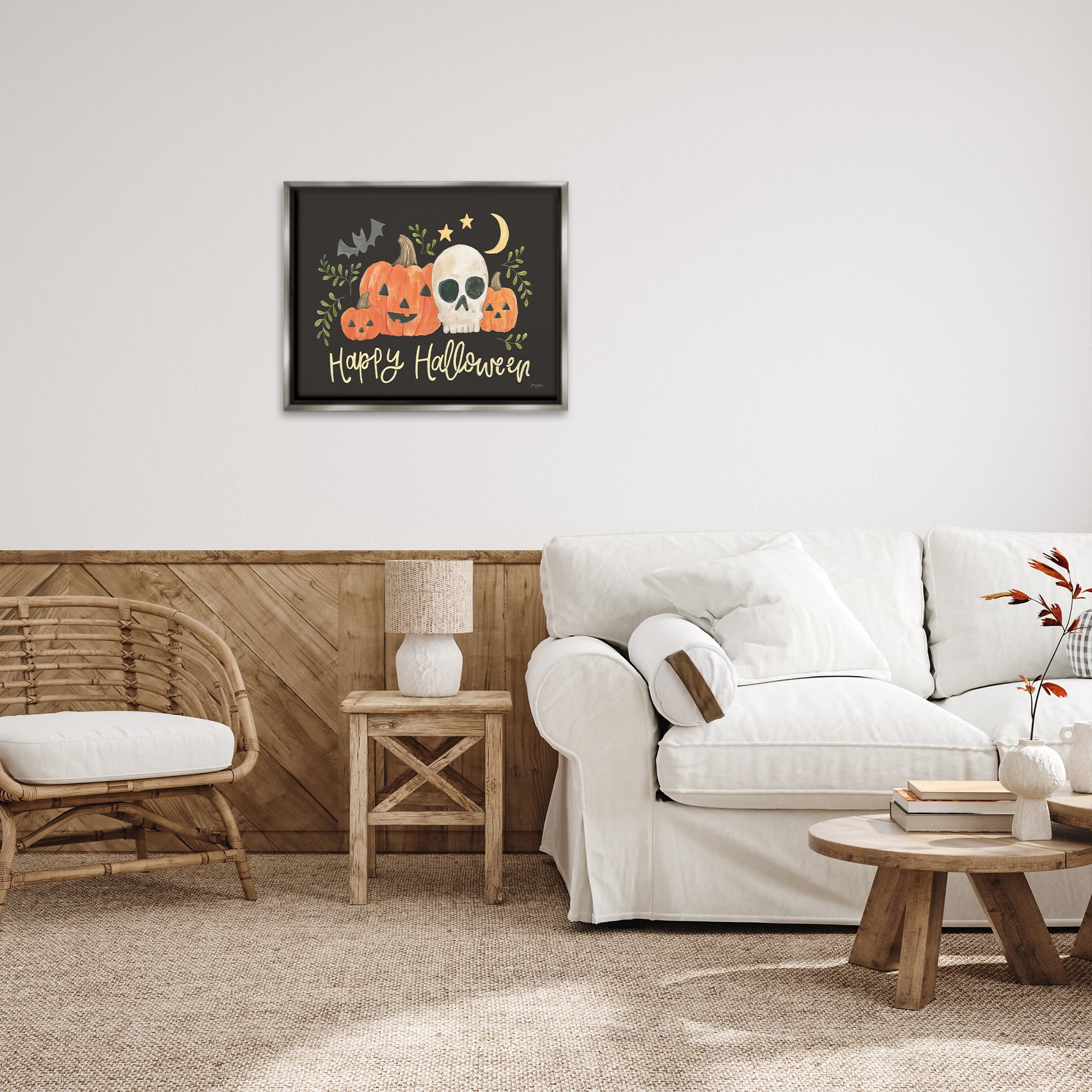 Stupell Industries Whimsical Happy Halloween Holiday Painting Gray Floater Framed Canvas Art Print Wall Art, 31 x 25